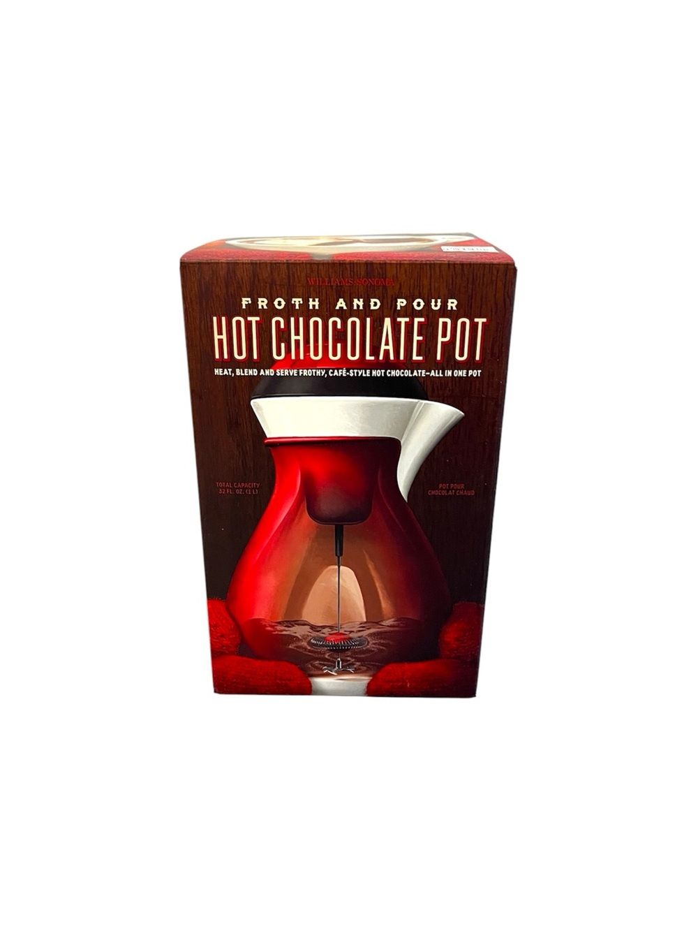 New In Box Williams Sonoma Froth and Pour Hot Chocolate Pot Red & White 32oz